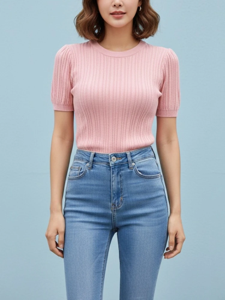 Zjaiss 2026 Korean Summer Women T Shirts Female Knit Casual Streetwear Tees Basic Solid Young Cool Tops