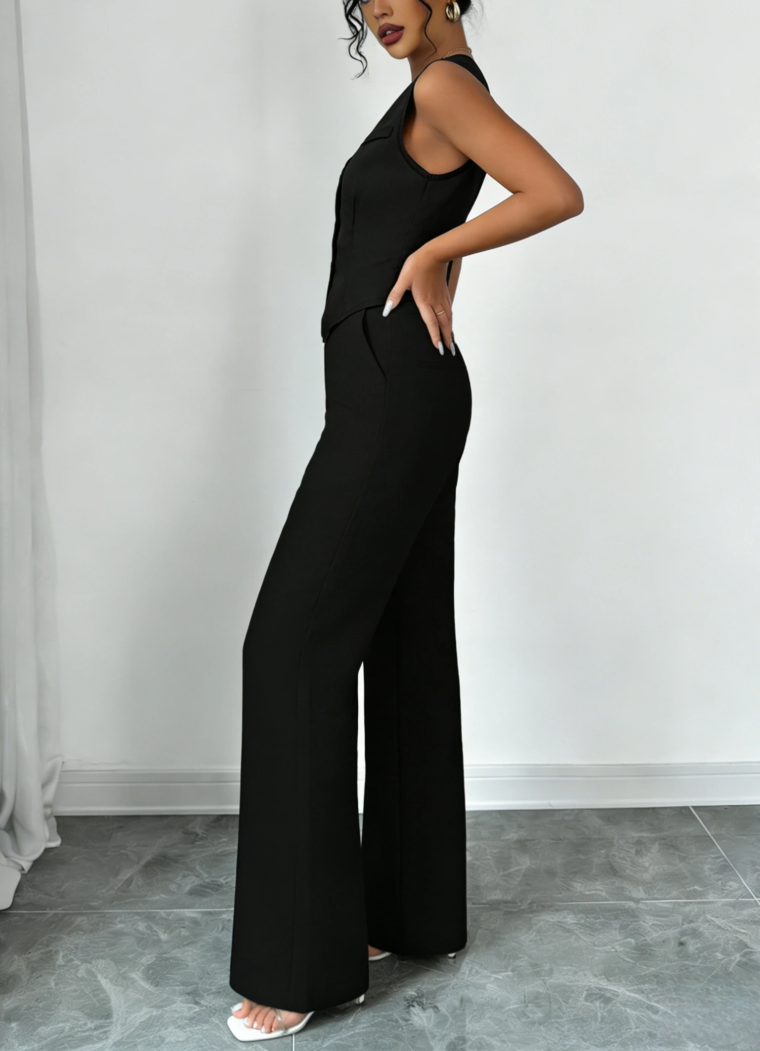 Women's Black Two Piece Outfit Sleeveless V Neck Vest Blazer High Waist Wide Leg Pants Elegant Office Spring Summer Suit Set