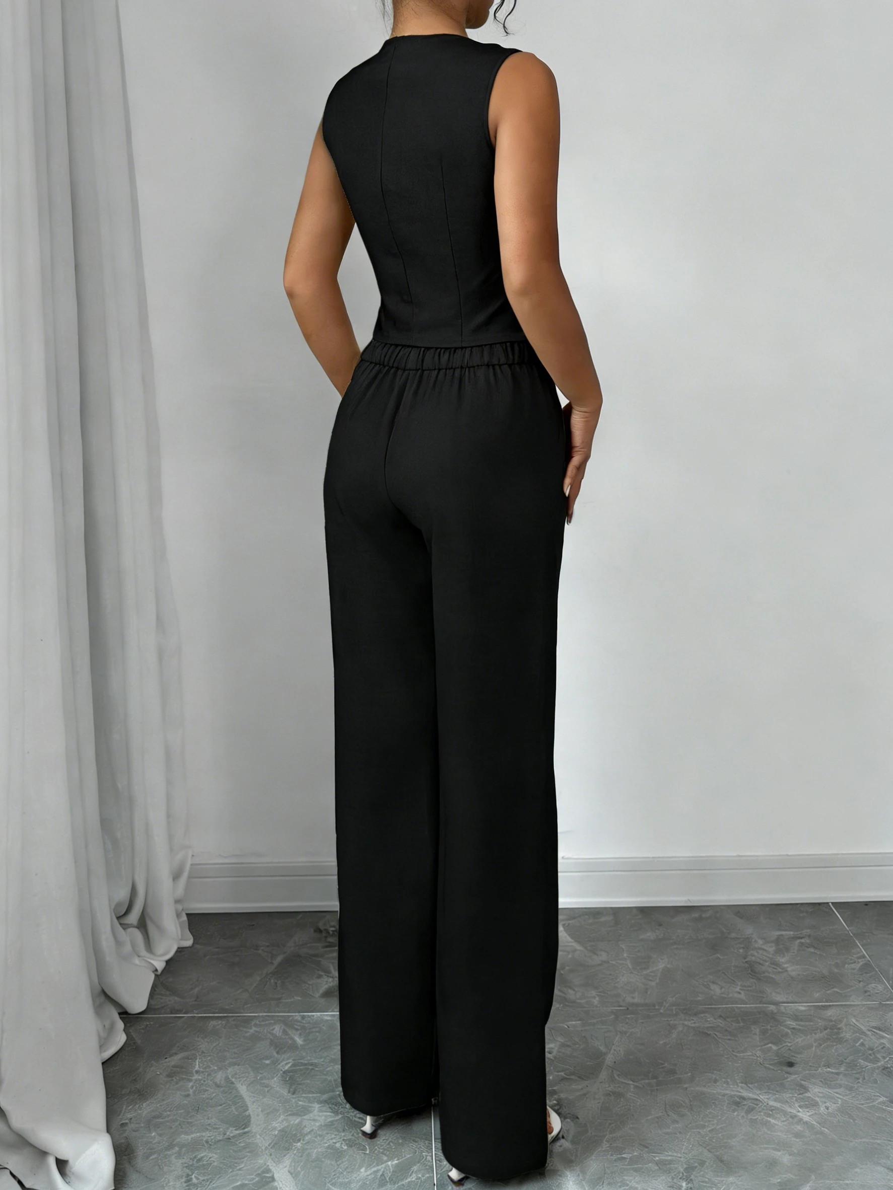 Women's Black Two Piece Outfit Sleeveless V Neck Vest Blazer High Waist Wide Leg Pants Elegant Office Spring Summer Suit Set