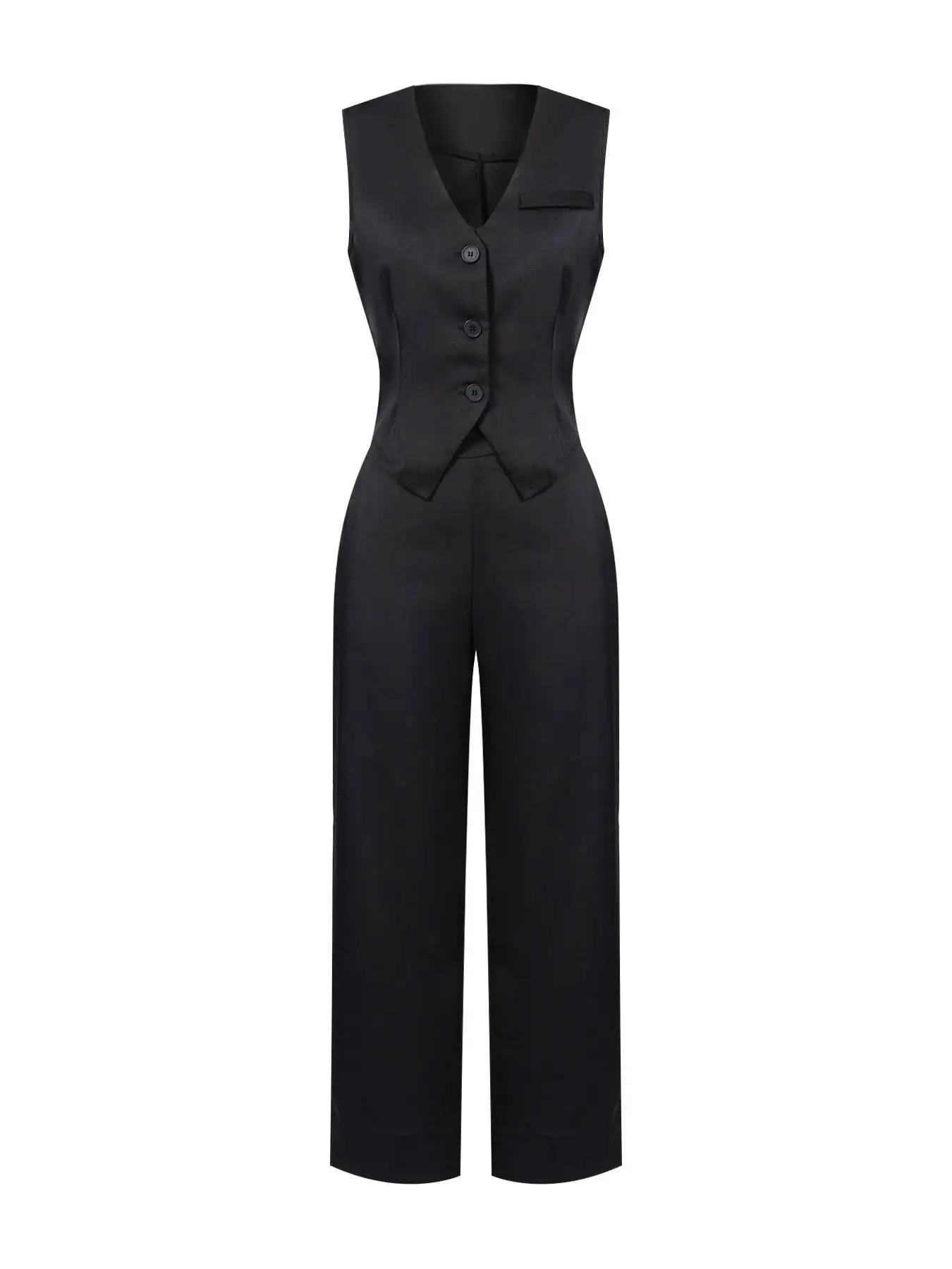 Women's Black Two Piece Outfit Sleeveless V Neck Vest Blazer High Waist Wide Leg Pants Elegant Office Spring Summer Suit Set