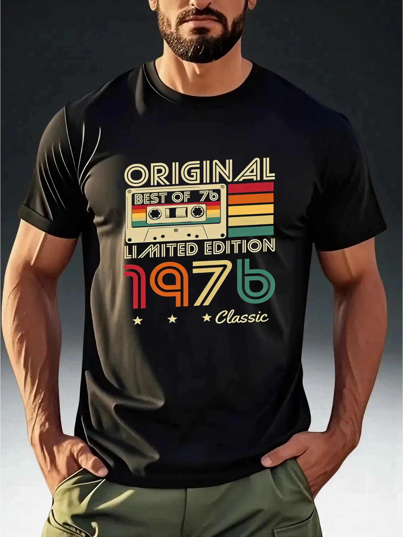 Men's Vintage 1976 Cassette Tape T-Shirt Retro ORIGINAL 1976 Print Short Sleeve Round Neck Tee Clothing Short Sleeve Shirt