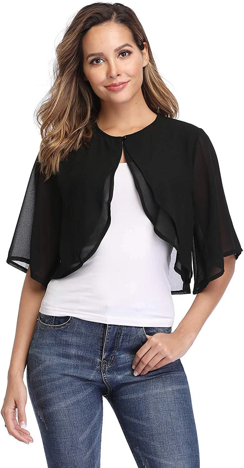 Women's Elegant Chiffon Bolero Shrug – Short Sleeve Open Front Cardigan for Wedding & Evening Dresses