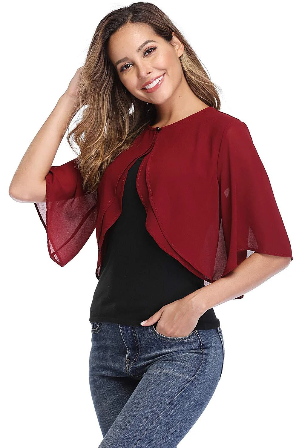 Women's Elegant Chiffon Bolero Shrug – Short Sleeve Open Front Cardigan for Wedding & Evening Dresses