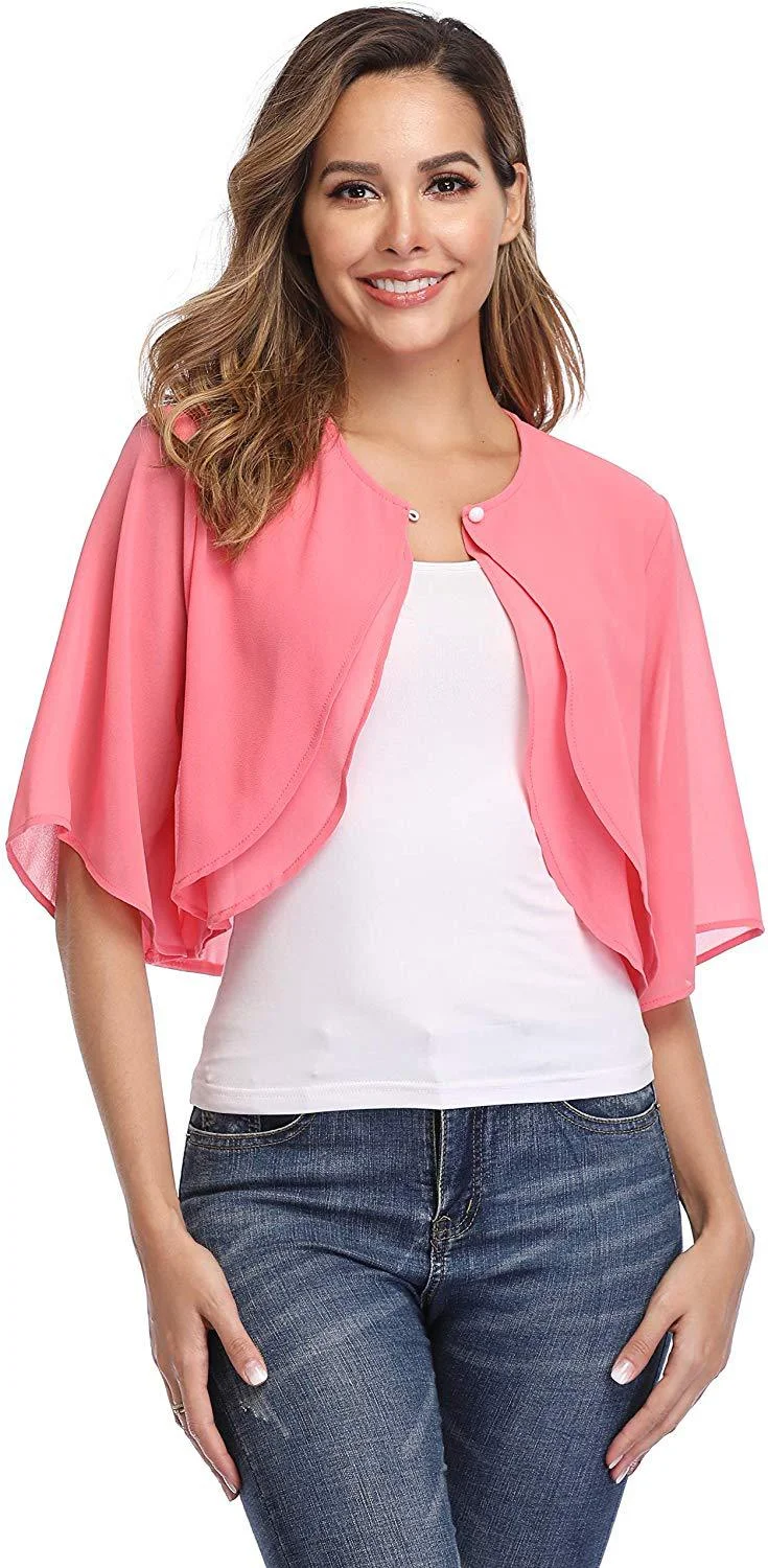 Women's Elegant Chiffon Bolero Shrug – Short Sleeve Open Front Cardigan for Wedding & Evening Dresses