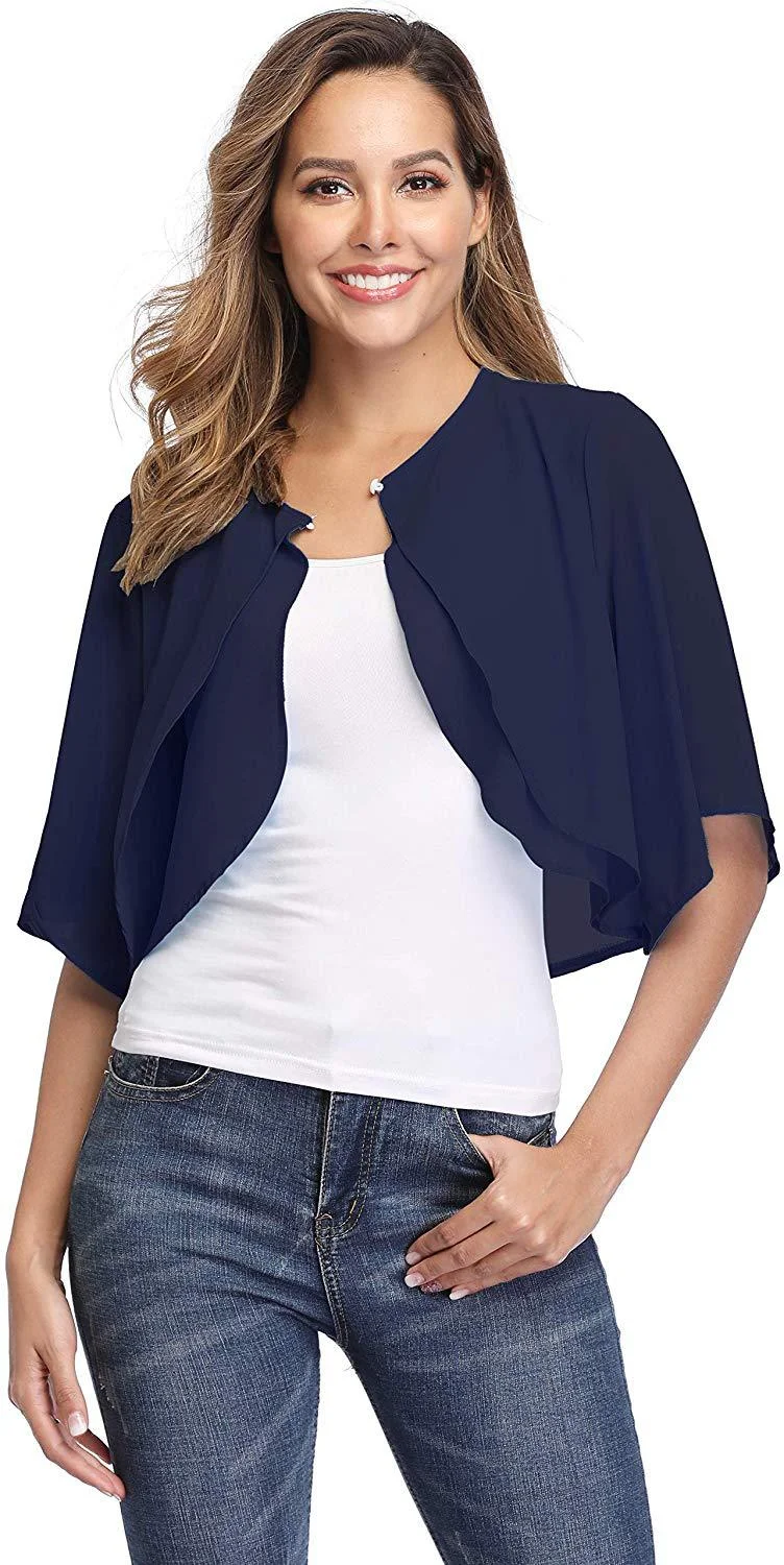 Women's Elegant Chiffon Bolero Shrug – Short Sleeve Open Front Cardigan for Wedding & Evening Dresses