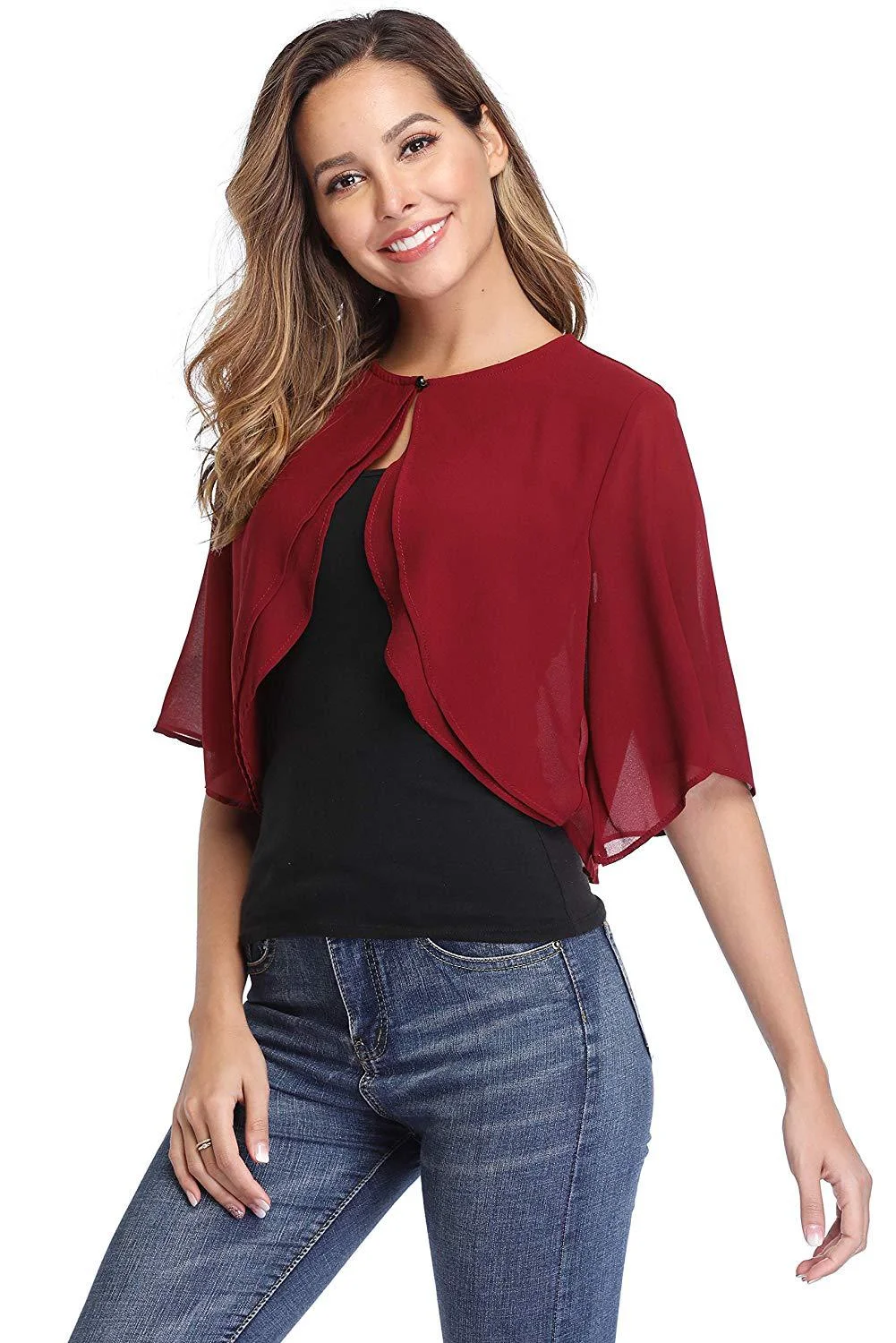 Women's Elegant Chiffon Bolero Shrug – Short Sleeve Open Front Cardigan for Wedding & Evening Dresses