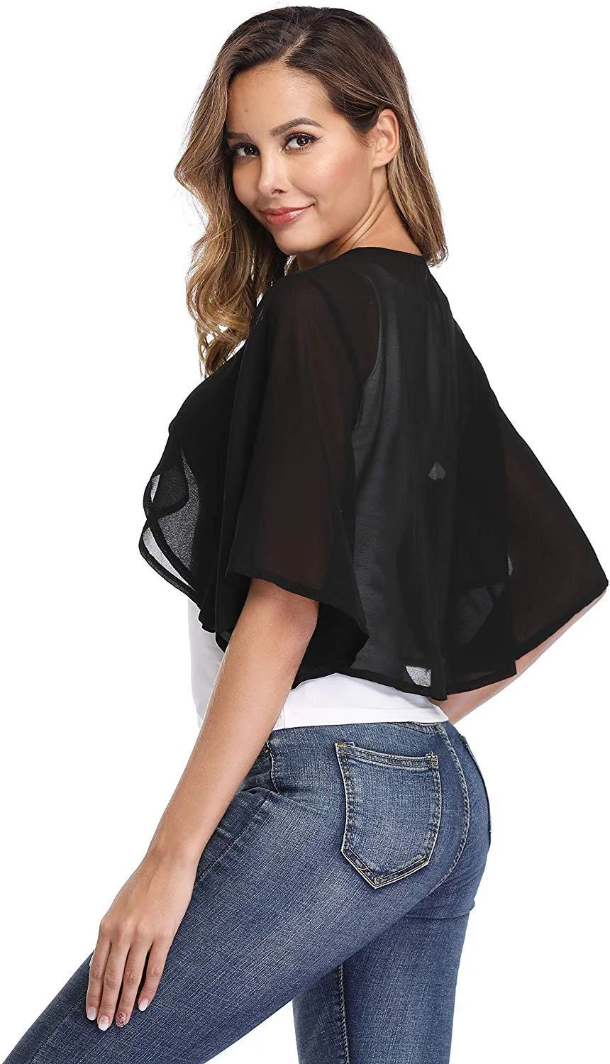 Women's Elegant Chiffon Bolero Shrug – Short Sleeve Open Front Cardigan for Wedding & Evening Dresses