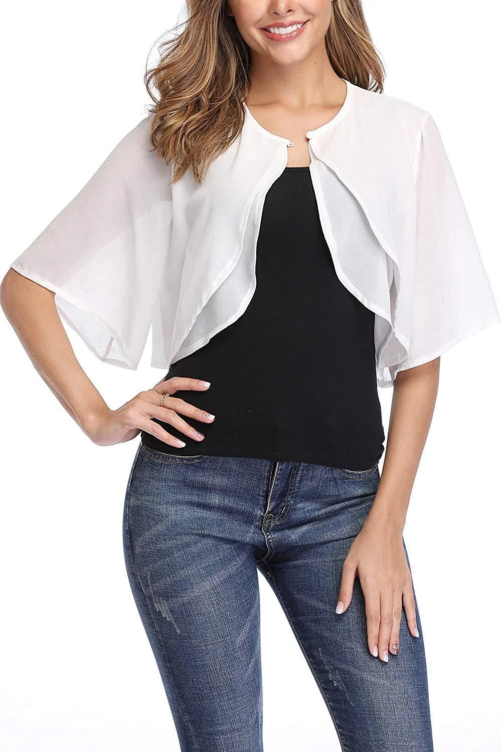 Women's Elegant Chiffon Bolero Shrug – Short Sleeve Open Front Cardigan for Wedding & Evening Dresses