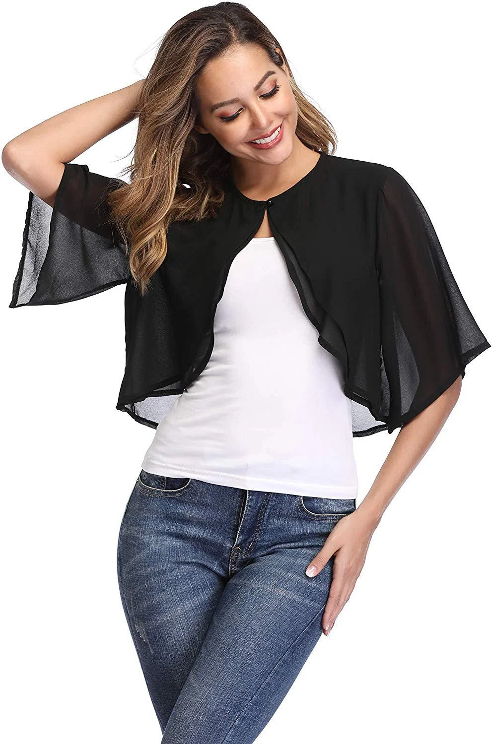 Women's Elegant Chiffon Bolero Shrug – Short Sleeve Open Front Cardigan for Wedding & Evening Dresses
