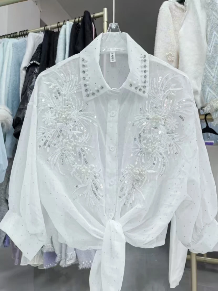 Luxury Diamonds Sequined Sunscreen Blouses Shirts Women 2026 Spring Summer Half Sleeve Shirts Fashion Tops Camisas De Mujer