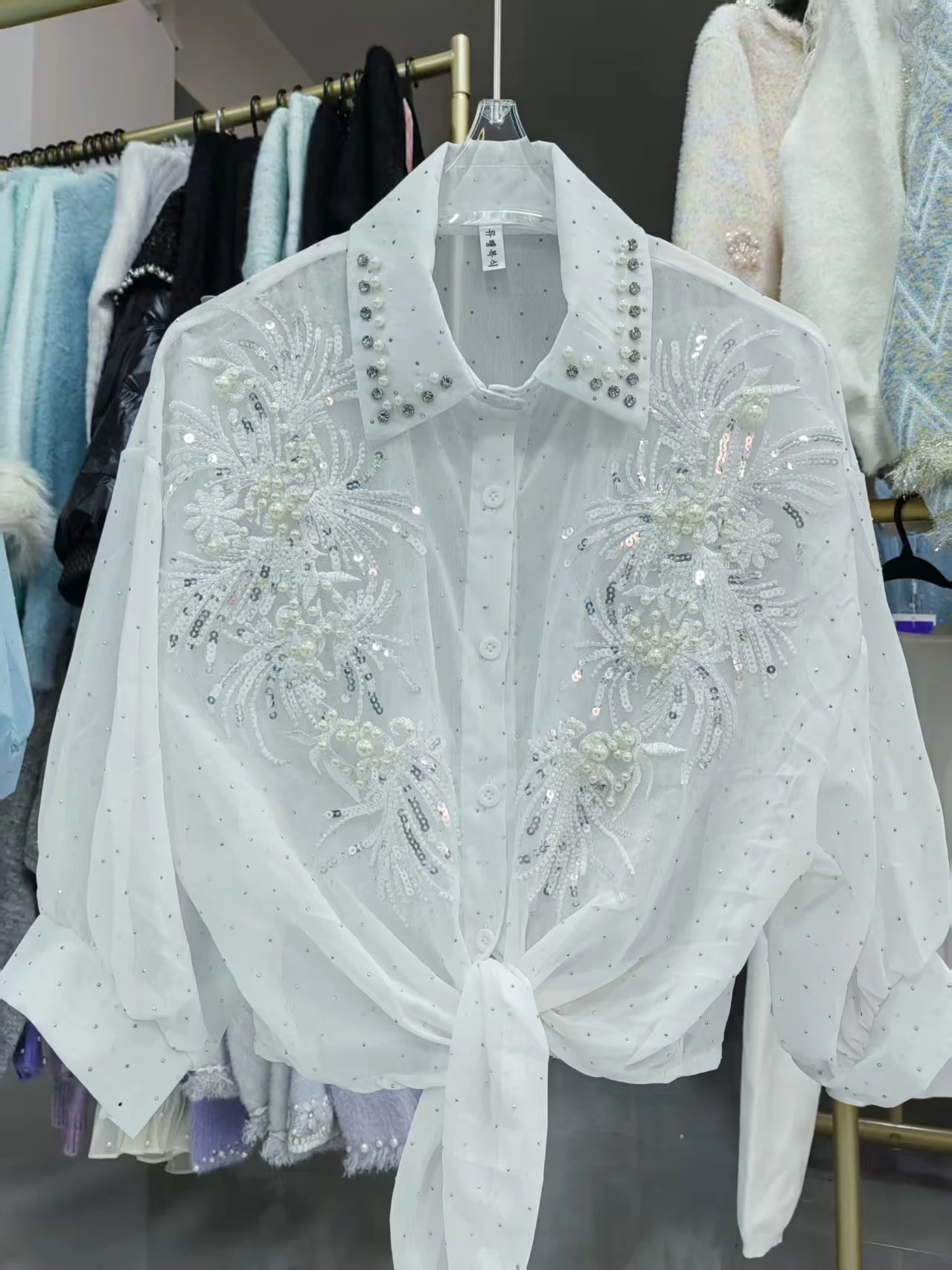 Luxury Diamonds Sequined Sunscreen Blouses Shirts Women 2026 Spring Summer Half Sleeve Shirts Fashion Tops Camisas De Mujer