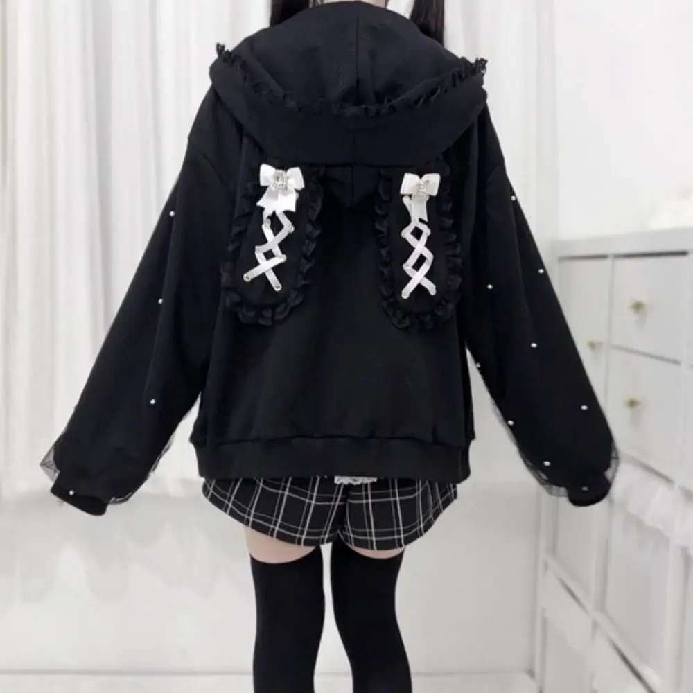 Long Sleeve Strapped Rabbit Ear Hoodie Thick Warm Lolita JK Cardigans Women Y2K Ladies Top Winter Autumn Lace Bow Coats Female