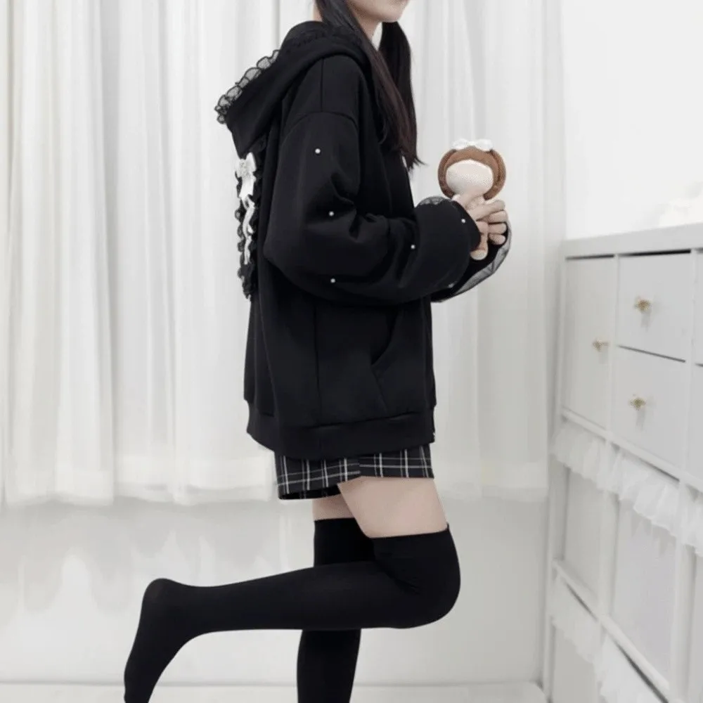 Long Sleeve Strapped Rabbit Ear Hoodie Thick Warm Lolita JK Cardigans Women Y2K Ladies Top Winter Autumn Lace Bow Coats Female