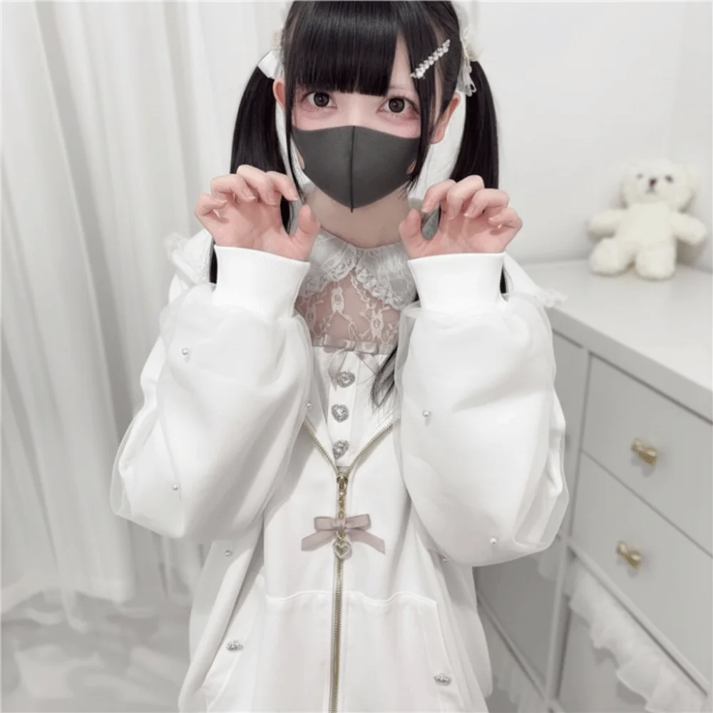Long Sleeve Strapped Rabbit Ear Hoodie Thick Warm Lolita JK Cardigans Women Y2K Ladies Top Winter Autumn Lace Bow Coats Female