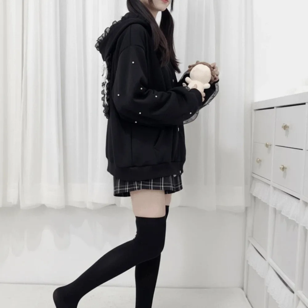 Long Sleeve Strapped Rabbit Ear Hoodie Thick Warm Lolita JK Cardigans Women Y2K Ladies Top Winter Autumn Lace Bow Coats Female