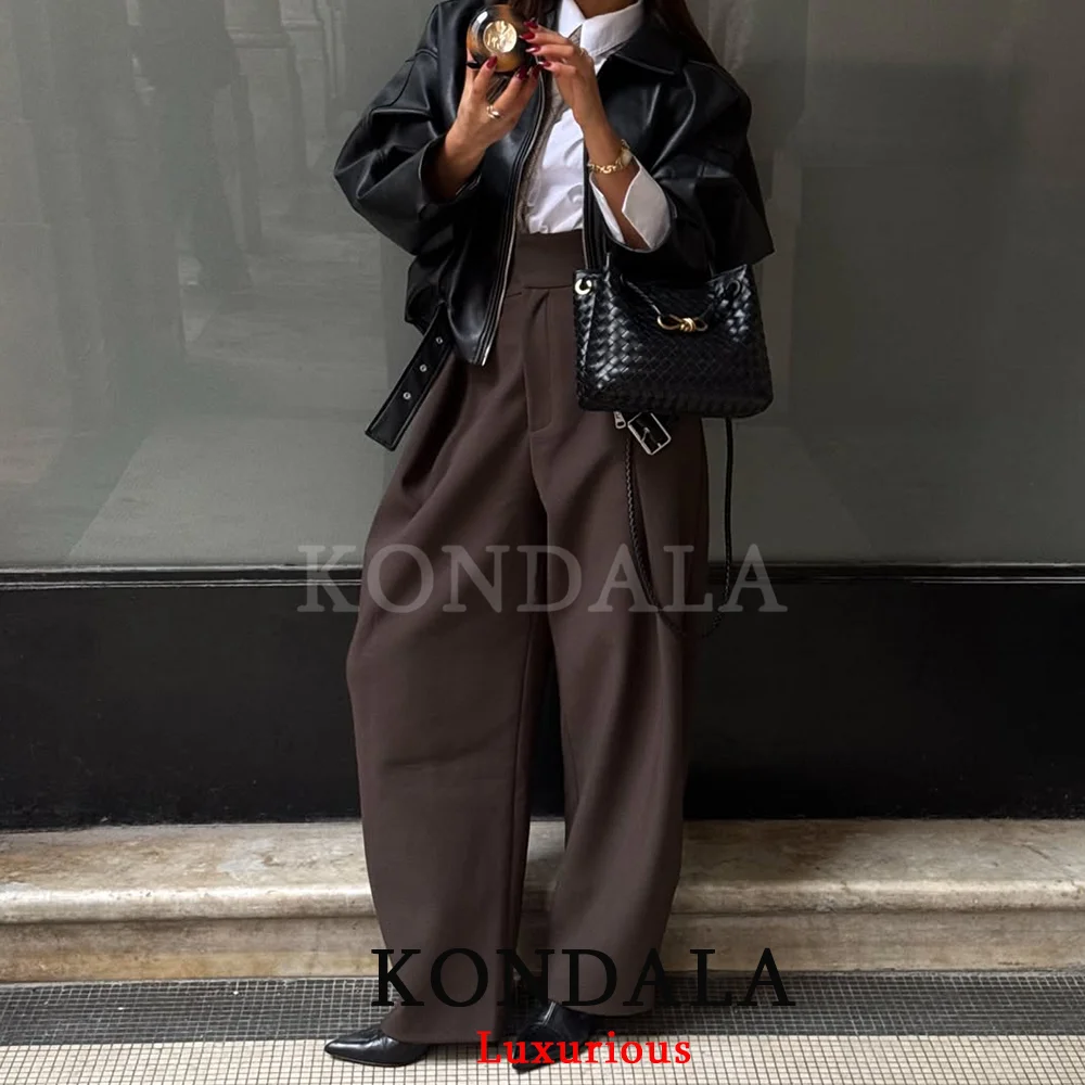 KONDALA Casual Loose Pleated Long Pants Women Wide Leg Pockets High Waist Straight Pants Fashion 2026 Spring Summer Women Pants
