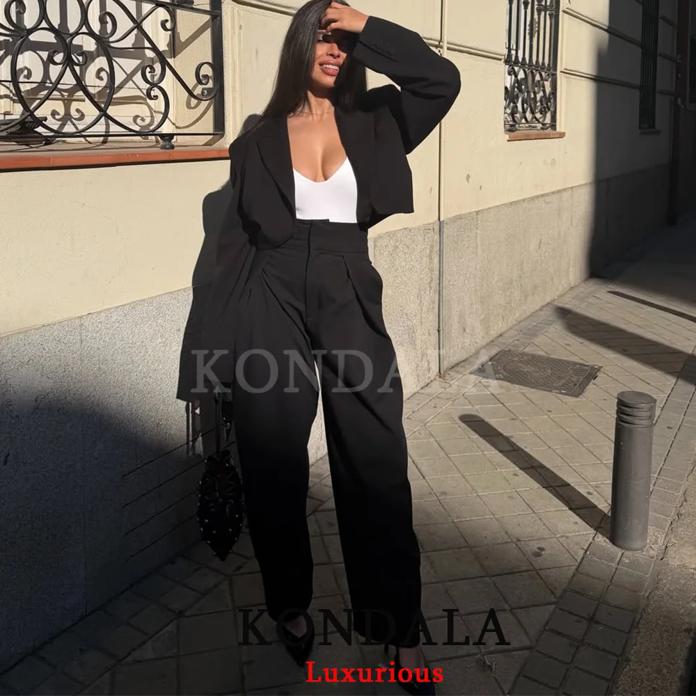 KONDALA Casual Loose Pleated Long Pants Women Wide Leg Pockets High Waist Straight Pants Fashion 2026 Spring Summer Women Pants