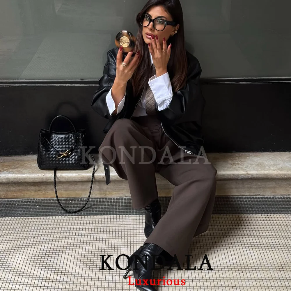 KONDALA Casual Loose Pleated Long Pants Women Wide Leg Pockets High Waist Straight Pants Fashion 2026 Spring Summer Women Pants