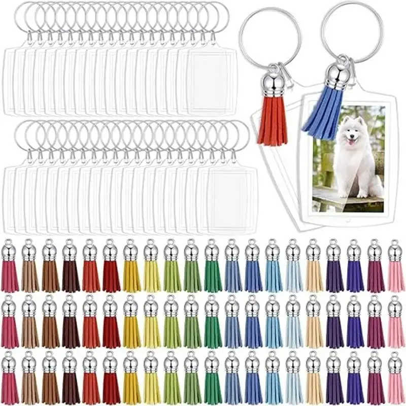 10/30/50/100Sets Acrylic Photo Frame Keychain With Tassels Snap-In Custom Insert Photo Acrylic Blank Keyring Clear Blank Keyring