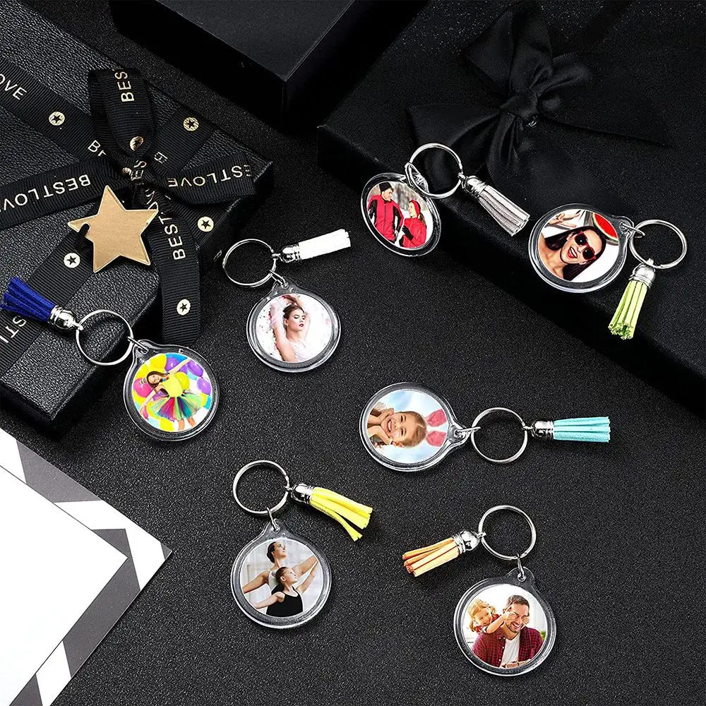 10/30/50/100Sets Acrylic Photo Frame Keychain With Tassels Snap-In Custom Insert Photo Acrylic Blank Keyring Clear Blank Keyring