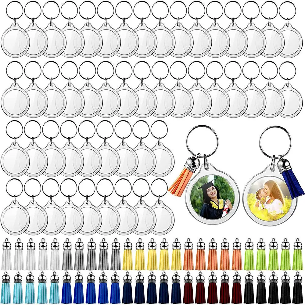 10/30/50/100Sets Acrylic Photo Frame Keychain With Tassels Snap-In Custom Insert Photo Acrylic Blank Keyring Clear Blank Keyring