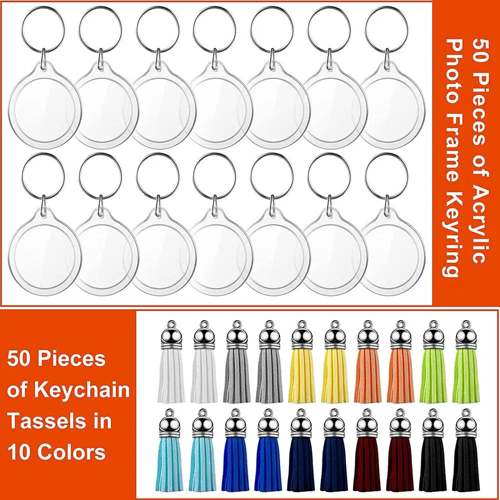 10/30/50/100Sets Acrylic Photo Frame Keychain With Tassels Snap-In Custom Insert Photo Acrylic Blank Keyring Clear Blank Keyring