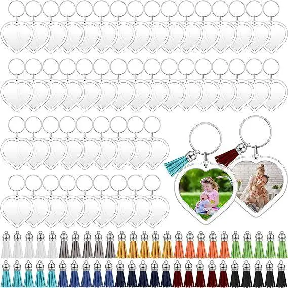 10/30/50/100Sets Acrylic Photo Frame Keychain With Tassels Snap-In Custom Insert Photo Acrylic Blank Keyring Clear Blank Keyring