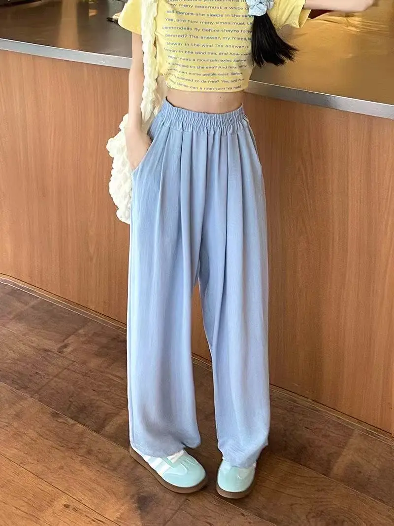 Summer Women Sweet Colorful Ice Silk Pants Lady Baggy Versatile Elastic Straight Leg Trousers Female Wide Leg High Waisted Pants