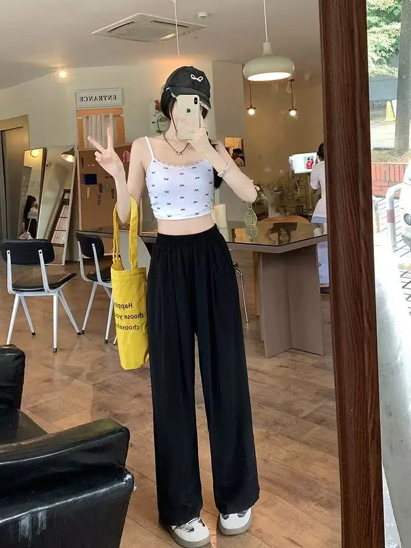 Summer Women Sweet Colorful Ice Silk Pants Lady Baggy Versatile Elastic Straight Leg Trousers Female Wide Leg High Waisted Pants