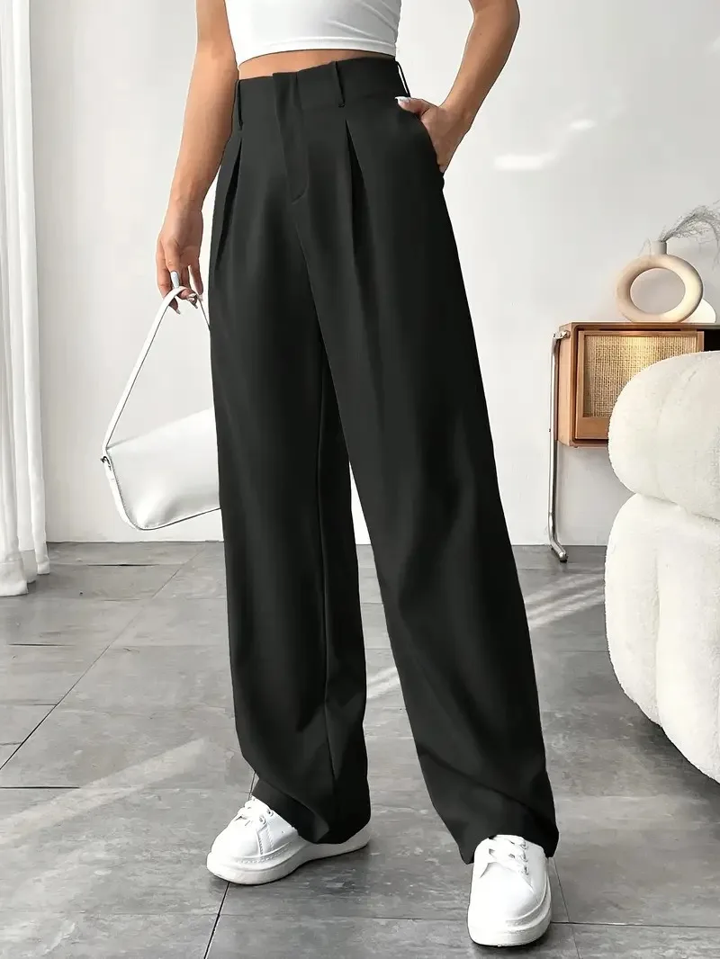 Women High Waist Straight Leg Trousers Slim Fit Solid-coloured Pleated Suit Trousers with Pockets Office Classic Casual Pants