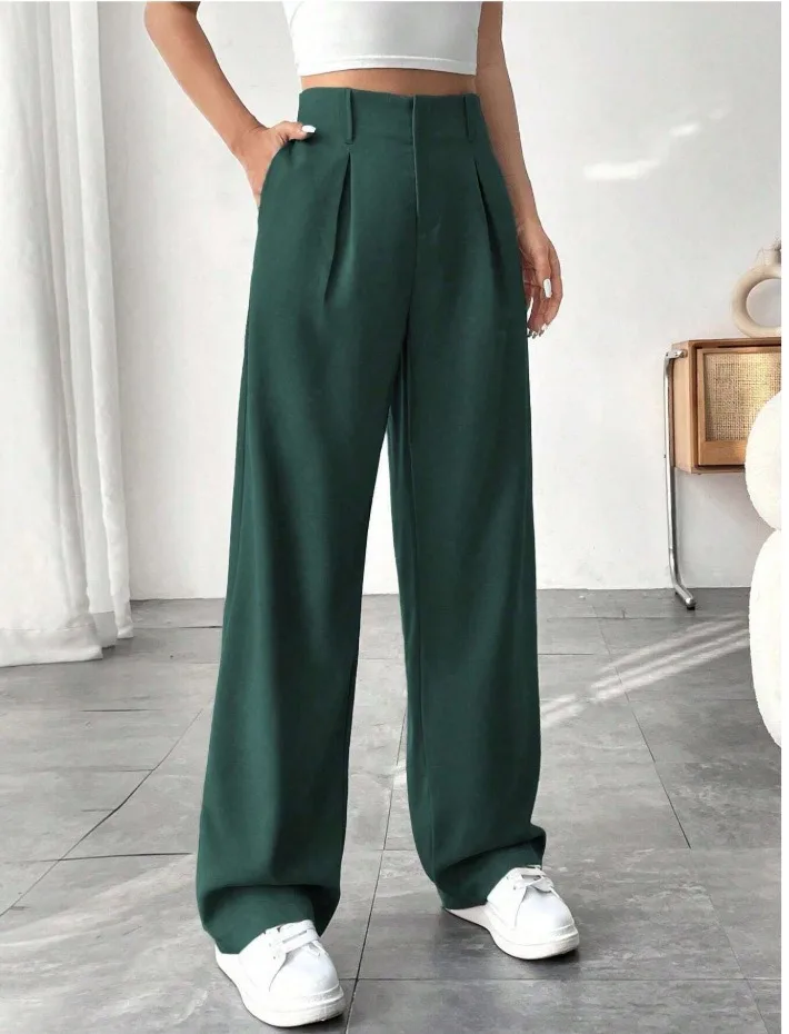 Women High Waist Straight Leg Trousers Slim Fit Solid-coloured Pleated Suit Trousers with Pockets Office Classic Casual Pants
