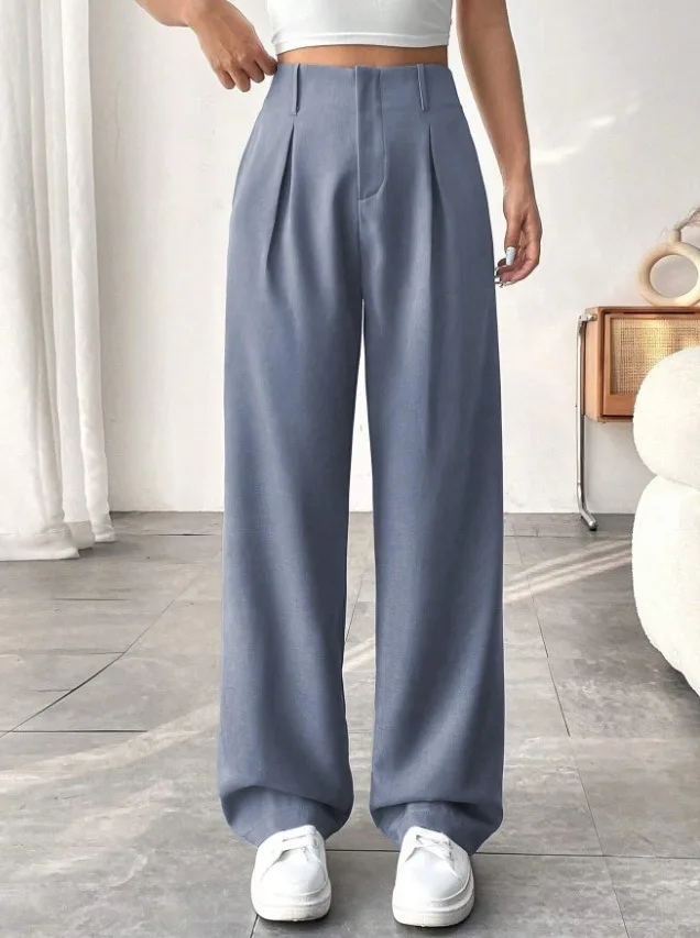 Women High Waist Straight Leg Trousers Slim Fit Solid-coloured Pleated Suit Trousers with Pockets Office Classic Casual Pants