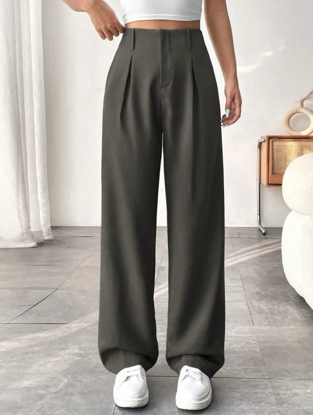 Women High Waist Straight Leg Trousers Slim Fit Solid-coloured Pleated Suit Trousers with Pockets Office Classic Casual Pants