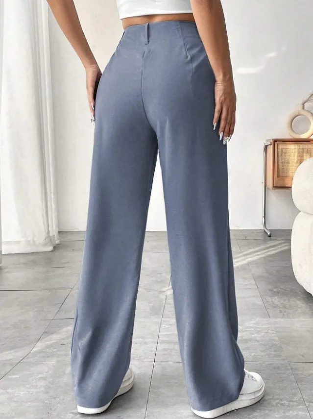 Women High Waist Straight Leg Trousers Slim Fit Solid-coloured Pleated Suit Trousers with Pockets Office Classic Casual Pants