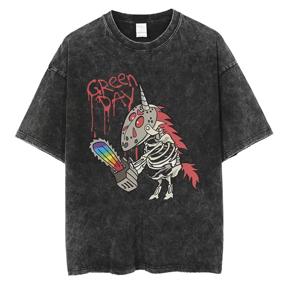 Washed Vintage Punk Band Green Day Cartoon Funny Merch T-shirt Men Women Clothing Rock Oversized T Shirts Men's Fashion T-shirts