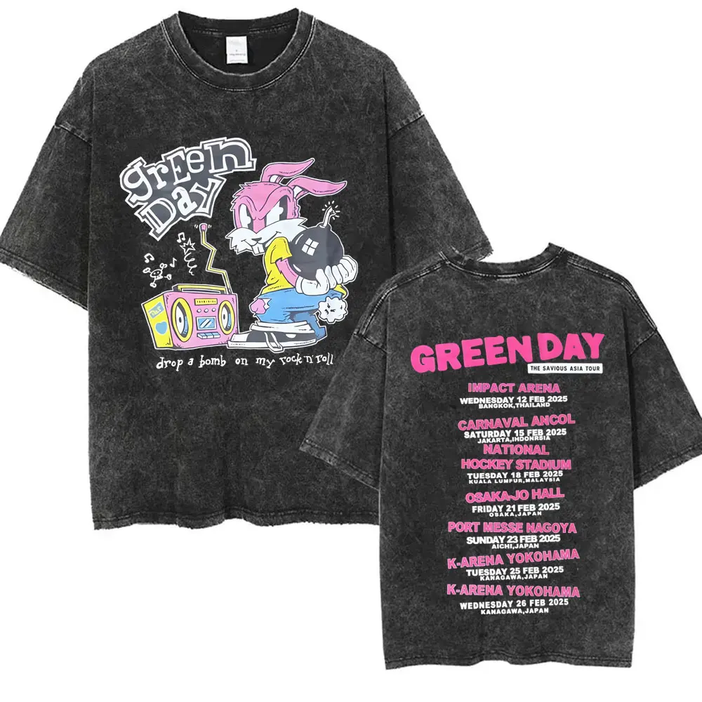 Washed Vintage Punk Band Green Day Cartoon Funny Merch T-shirt Men Women Clothing Rock Oversized T Shirts Men's Fashion T-shirts