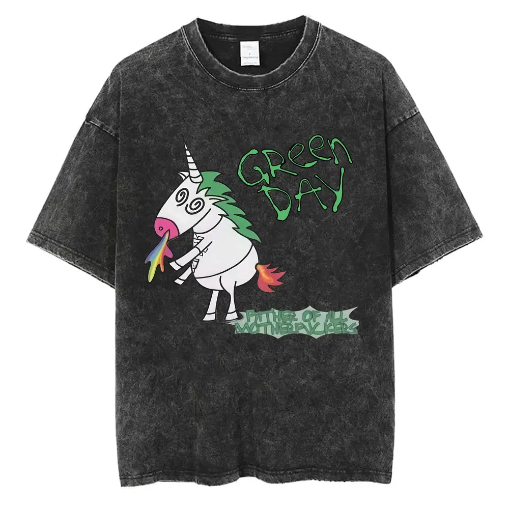 Washed Vintage Punk Band Green Day Cartoon Funny Merch T-shirt Men Women Clothing Rock Oversized T Shirts Men's Fashion T-shirts