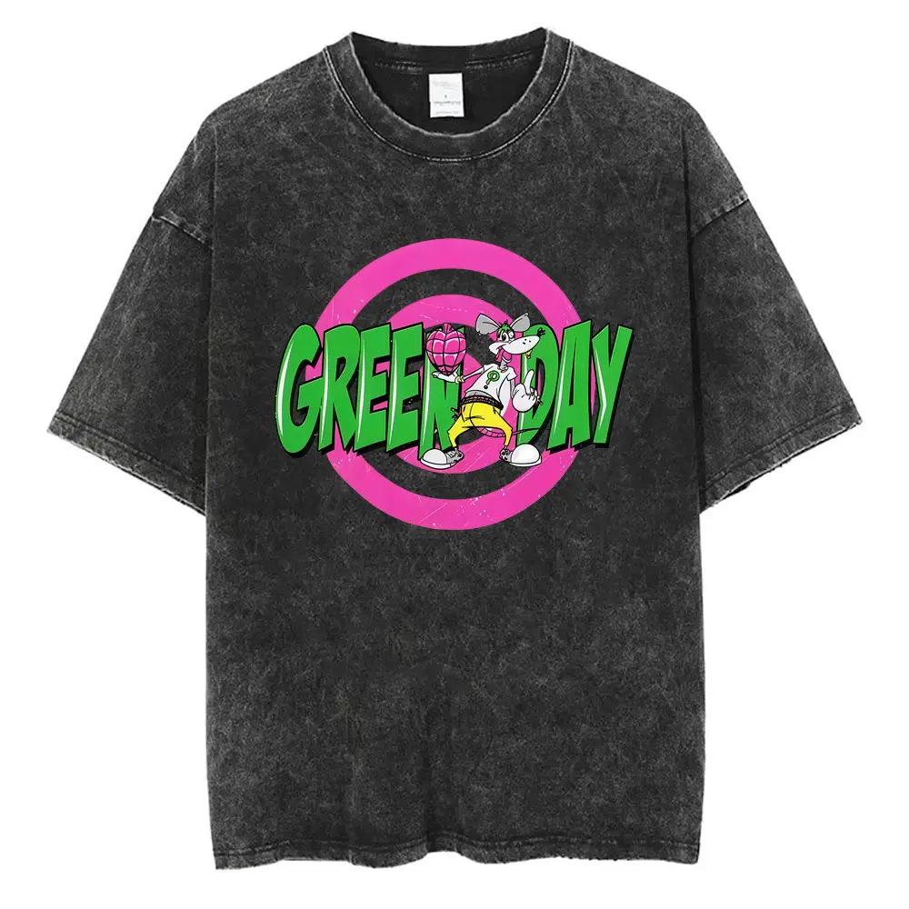 Washed Vintage Punk Band Green Day Cartoon Funny Merch T-shirt Men Women Clothing Rock Oversized T Shirts Men's Fashion T-shirts