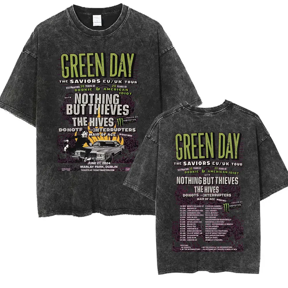Washed Vintage Punk Band Green Day Cartoon Funny Merch T-shirt Men Women Clothing Rock Oversized T Shirts Men's Fashion T-shirts