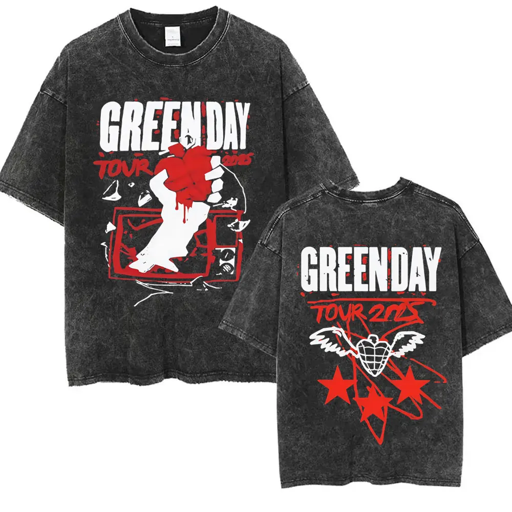 Washed Vintage Punk Band Green Day Cartoon Funny Merch T-shirt Men Women Clothing Rock Oversized T Shirts Men's Fashion T-shirts