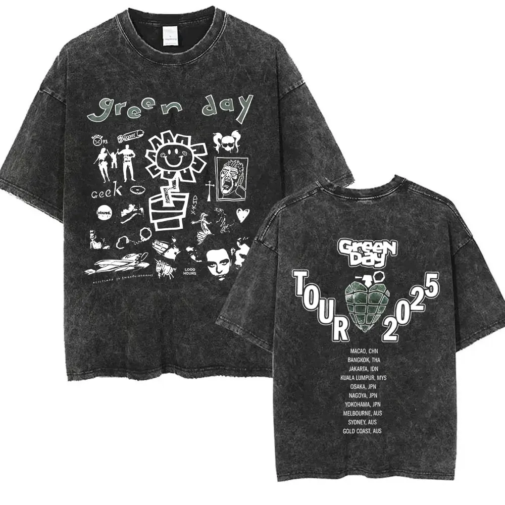 Washed Vintage Punk Band Green Day Cartoon Funny Merch T-shirt Men Women Clothing Rock Oversized T Shirts Men's Fashion T-shirts
