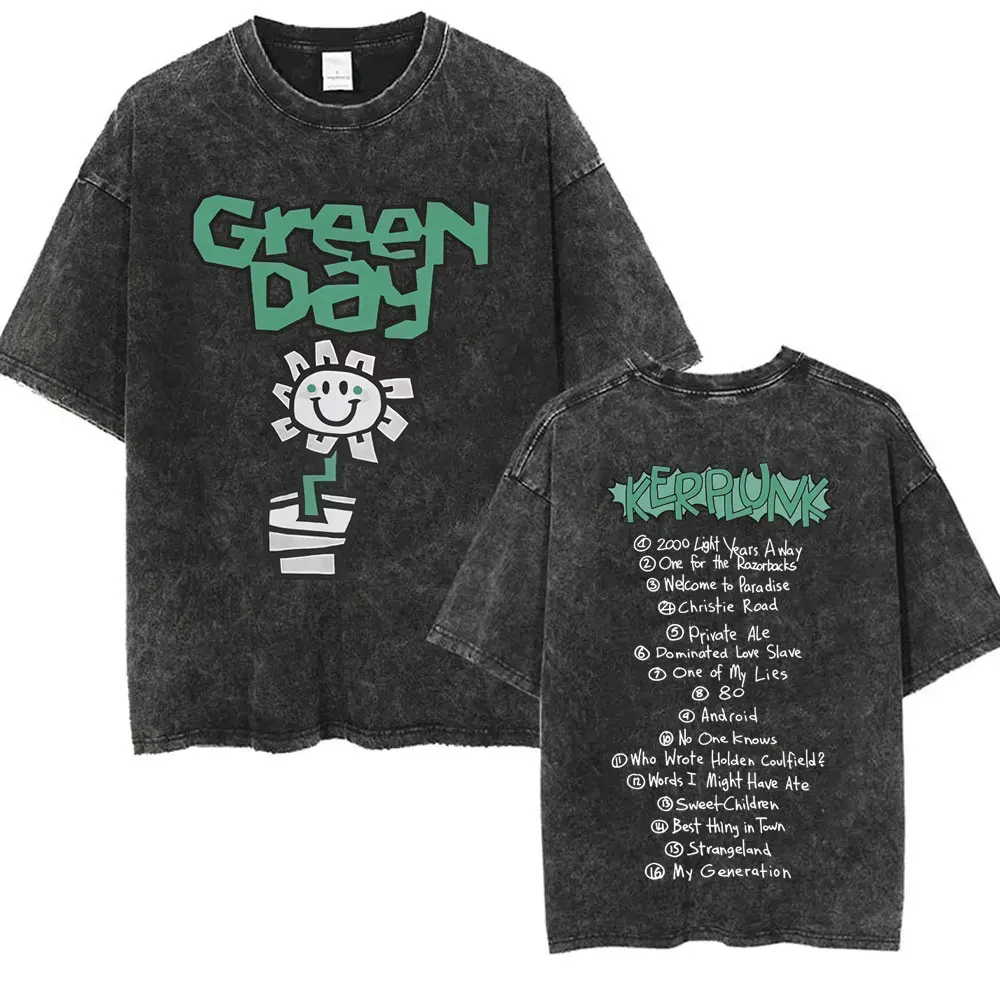 Washed Vintage Punk Band Green Day Cartoon Funny Merch T-shirt Men Women Clothing Rock Oversized T Shirts Men's Fashion T-shirts