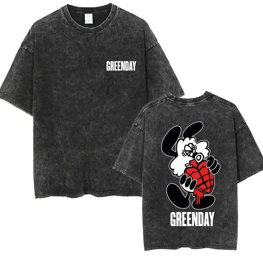 Washed Vintage Punk Band Green Day Cartoon Funny Merch T-shirt Men Women Clothing Rock Oversized T Shirts Men's Fashion T-shirts
