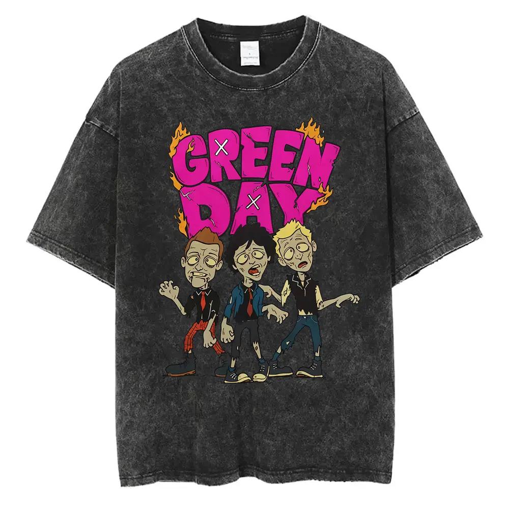 Washed Vintage Punk Band Green Day Cartoon Funny Merch T-shirt Men Women Clothing Rock Oversized T Shirts Men's Fashion T-shirts