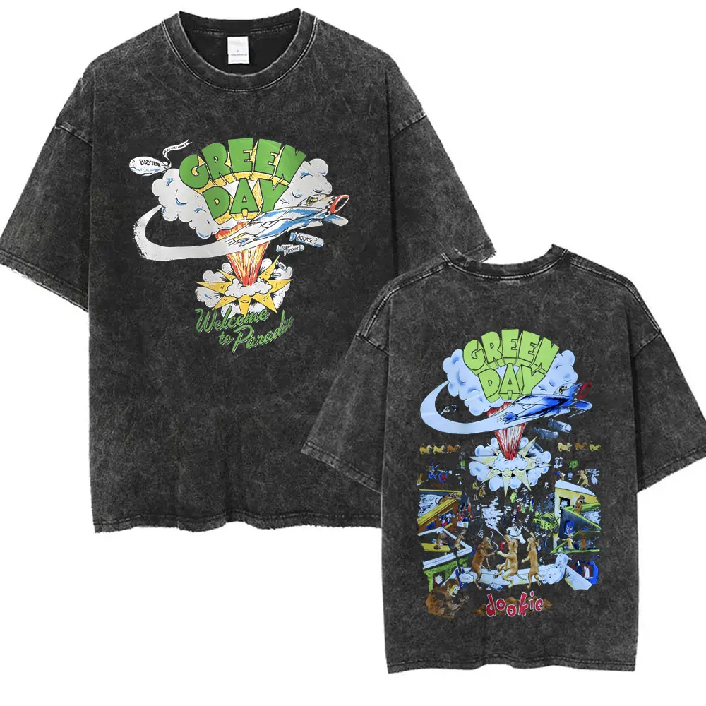 Washed Vintage Punk Band Green Day Cartoon Funny Merch T-shirt Men Women Clothing Rock Oversized T Shirts Men's Fashion T-shirts