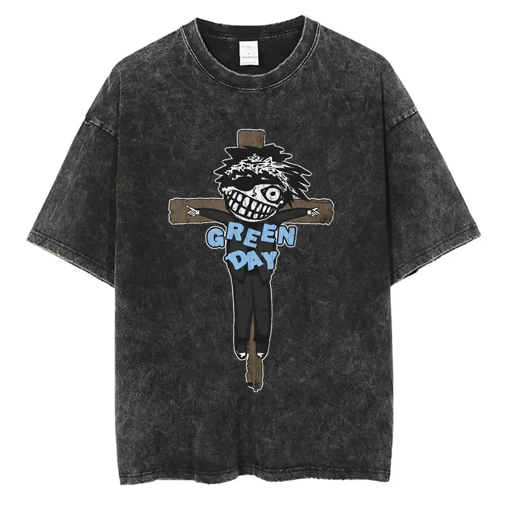 Washed Vintage Punk Band Green Day Cartoon Funny Merch T-shirt Men Women Clothing Rock Oversized T Shirts Men's Fashion T-shirts