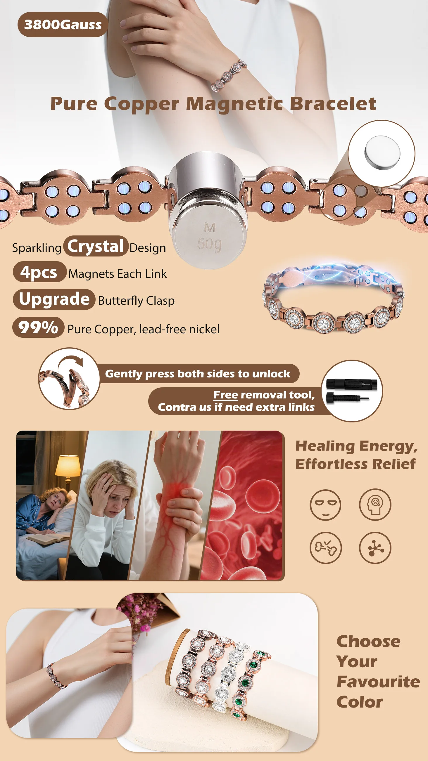ARADOO 99% Pure Copper Bracelets for Women with 3800 Gauss Magnetic Crystal Jewelry Gifts