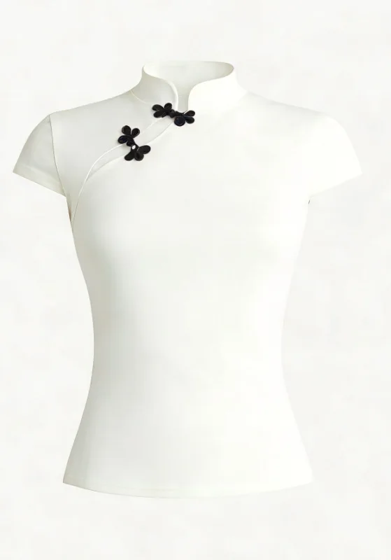Casual Retro New Chinese Style Niche Design Buckle T-shirt Fashionable Spicy Girl Slim Cheongsam Collar Short Sleeved Women Tops