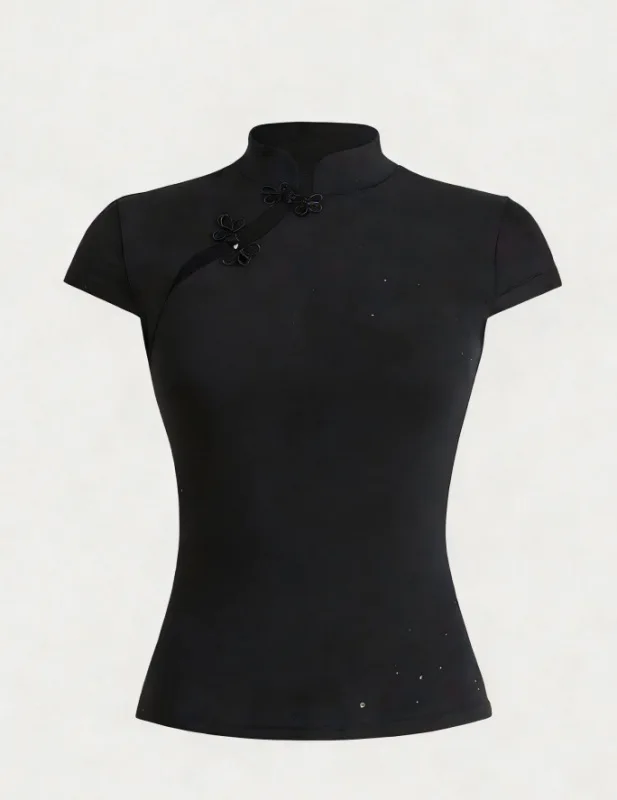 Casual Retro New Chinese Style Niche Design Buckle T-shirt Fashionable Spicy Girl Slim Cheongsam Collar Short Sleeved Women Tops