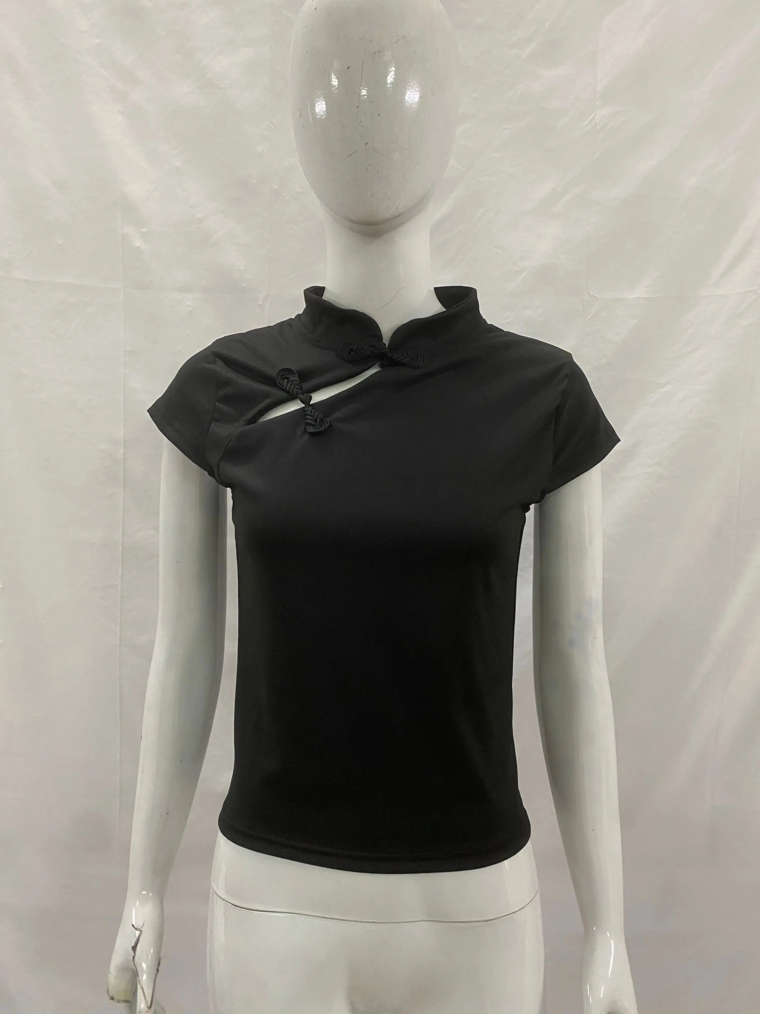 Casual Retro New Chinese Style Niche Design Buckle T-shirt Fashionable Spicy Girl Slim Cheongsam Collar Short Sleeved Women Tops